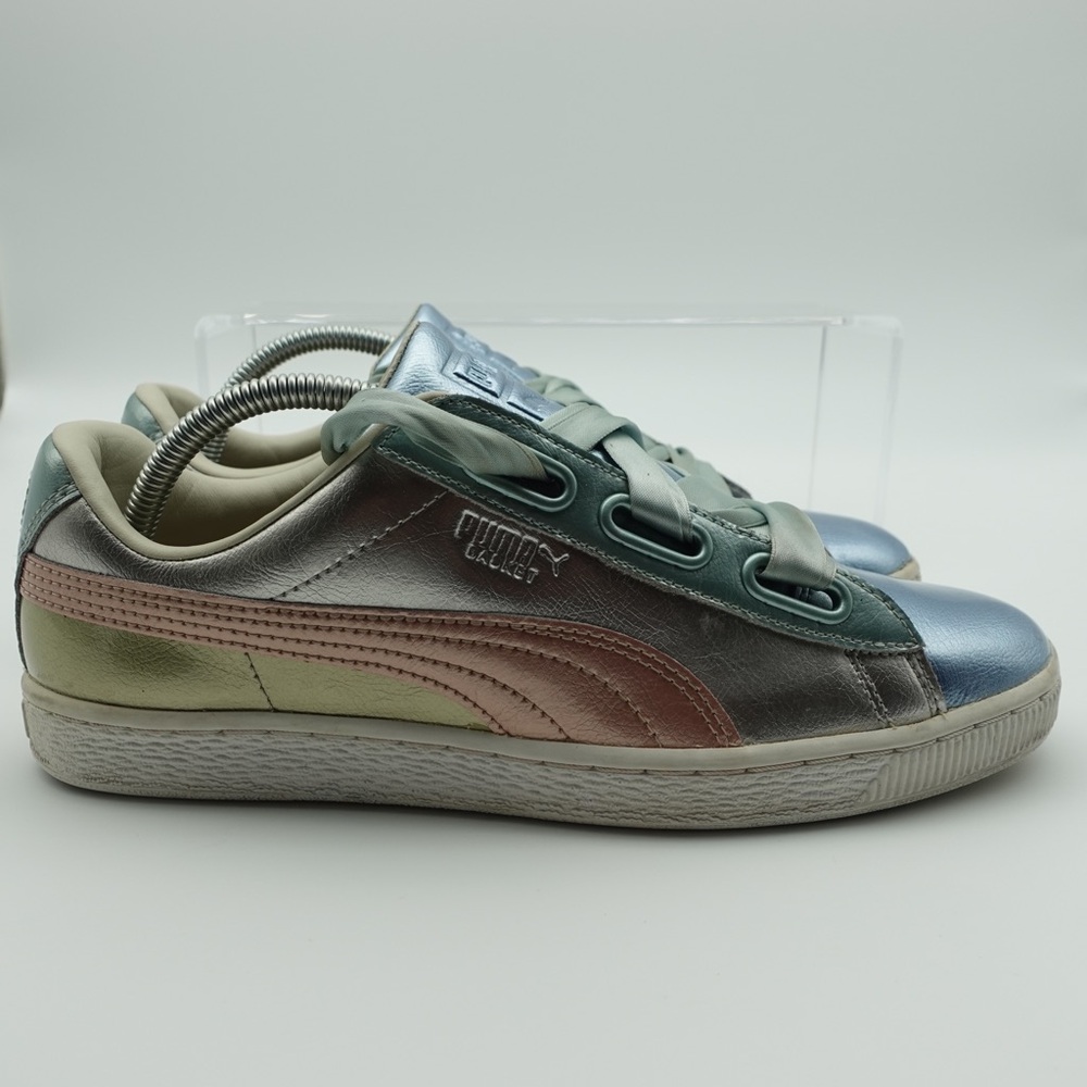 Puma Basket Women Size 10 Shoes Green Sneakers Lace Up Casual Rainbow Ribbon